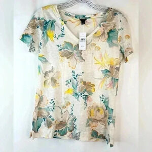 NWT Ann Taylor Women’s Scoop Neck Pure Linen Sunday Tee Tropical Print  Size XS
